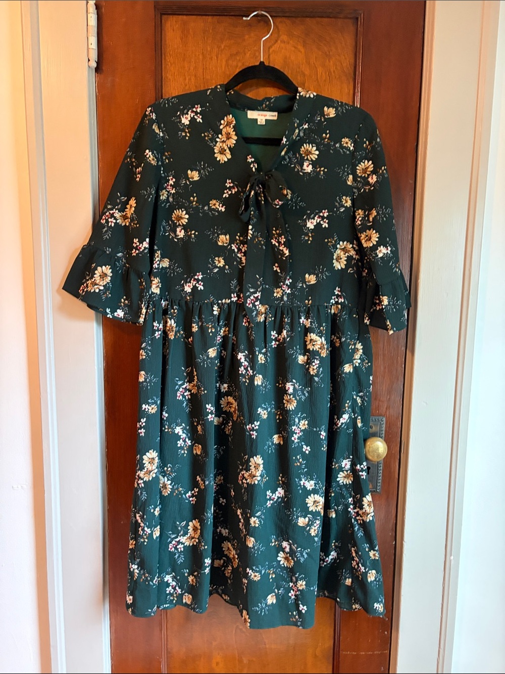 Roolee Dark Green Floral Tie-Neck Dress